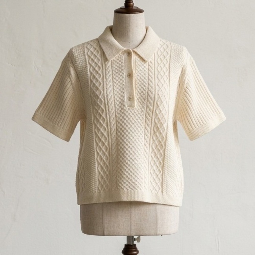 JW Anderson Ecru Cable Knit Short Sleeve Polo Sweater Wool Blend Cream‎ Large